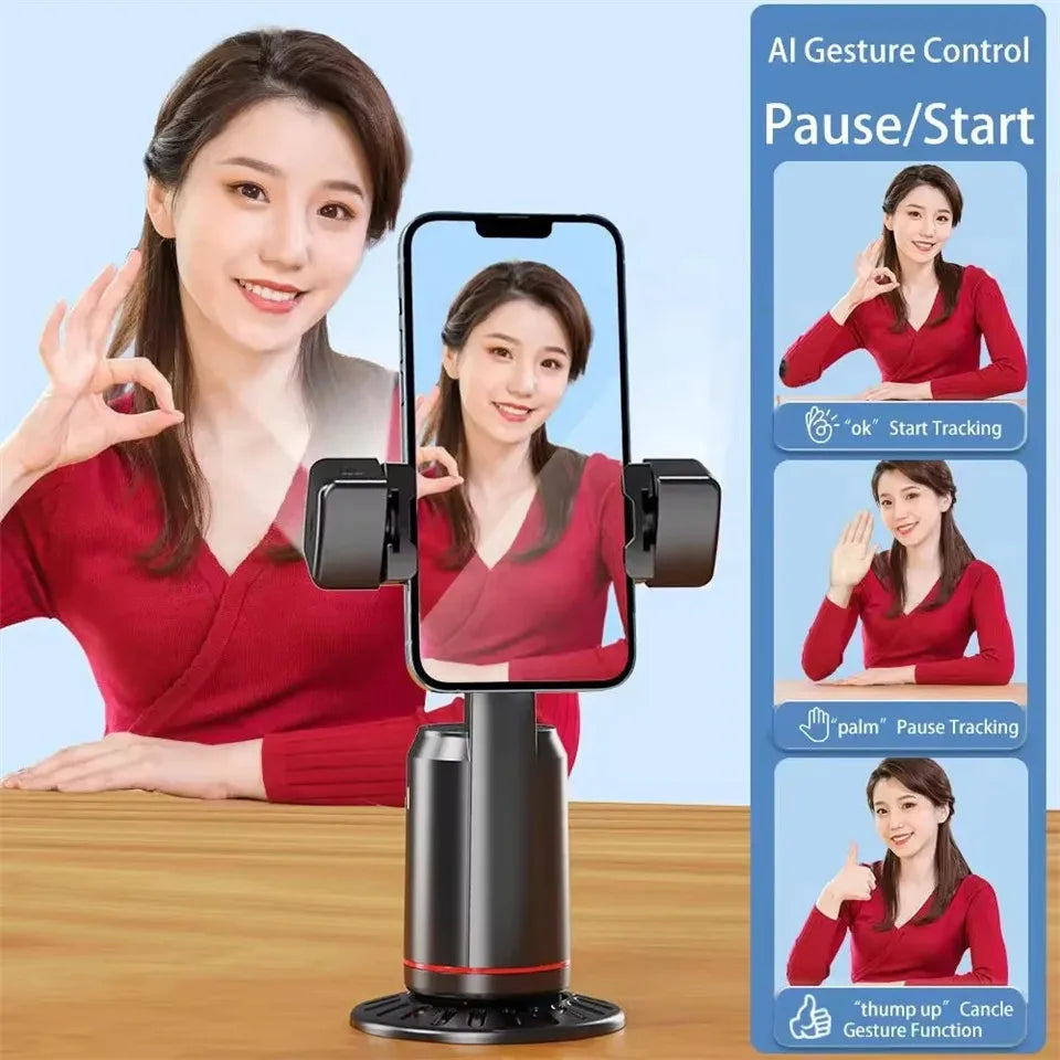 Smartphone holder with AI gesture control features displayed on a blue background