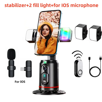Phone stabilizer with fill light and microphone for iOS devices on a white background