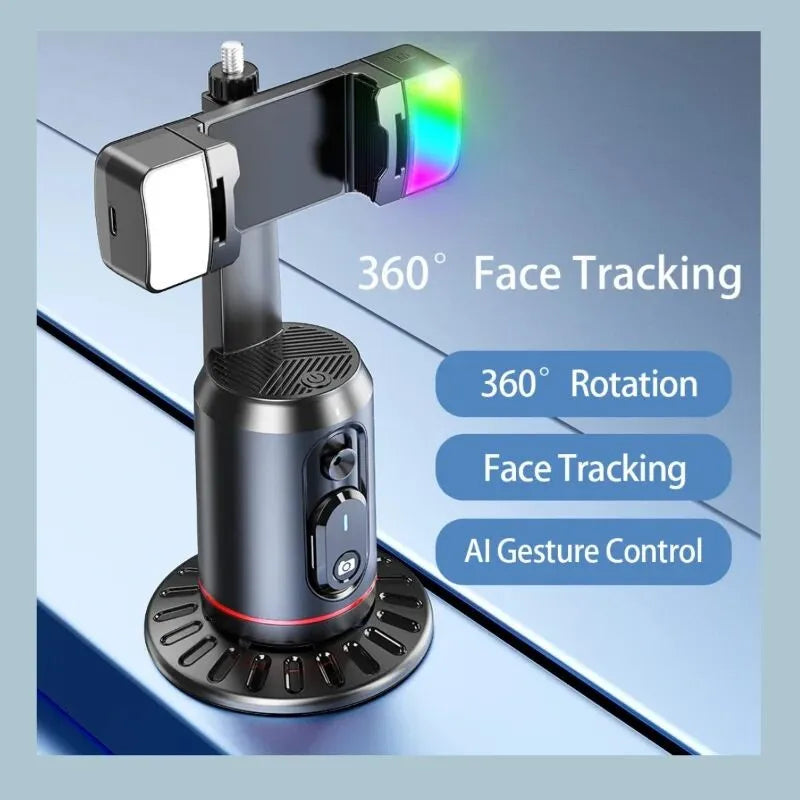 Camera device with 360-degree face tracking and rotation features on a blue background