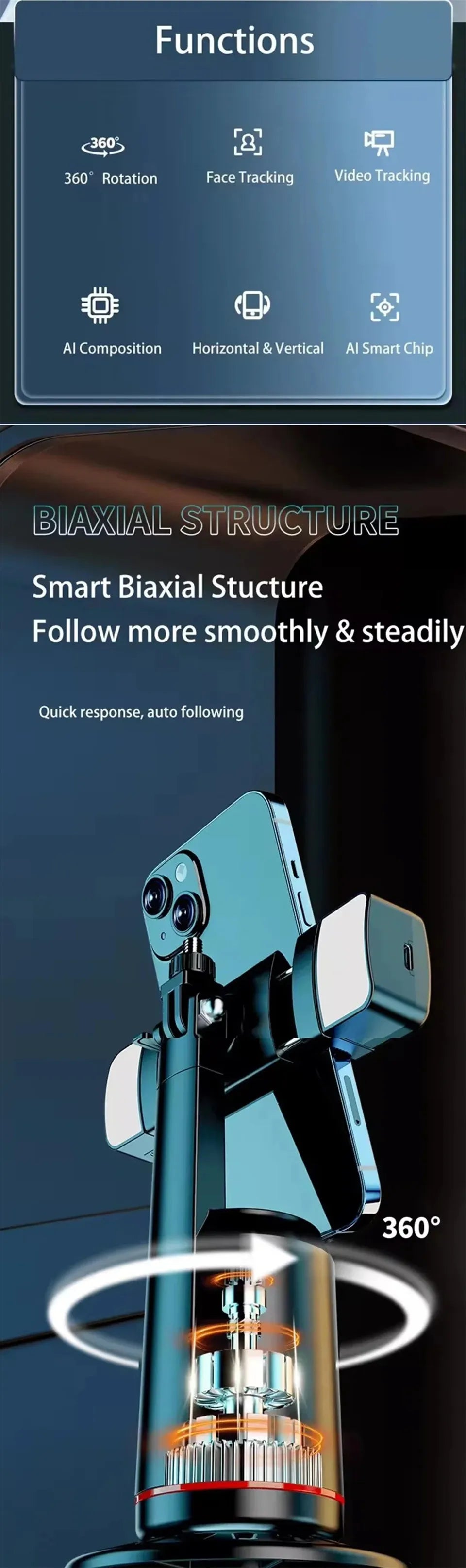 Technical diagram of a smart biaxial structure with text and icons on a blue background.