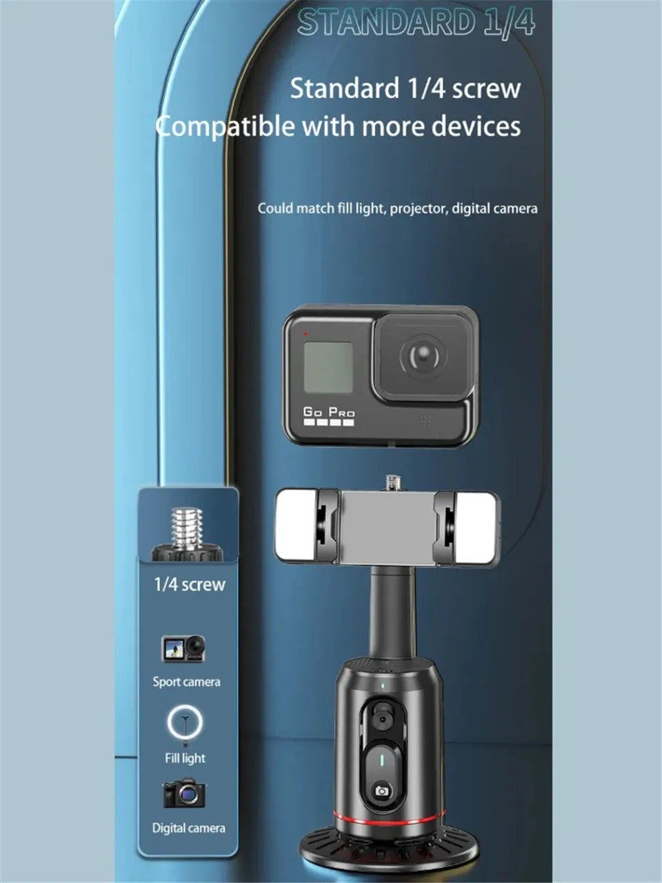 Camera mount with 1/4 screw compatibility on a blue background