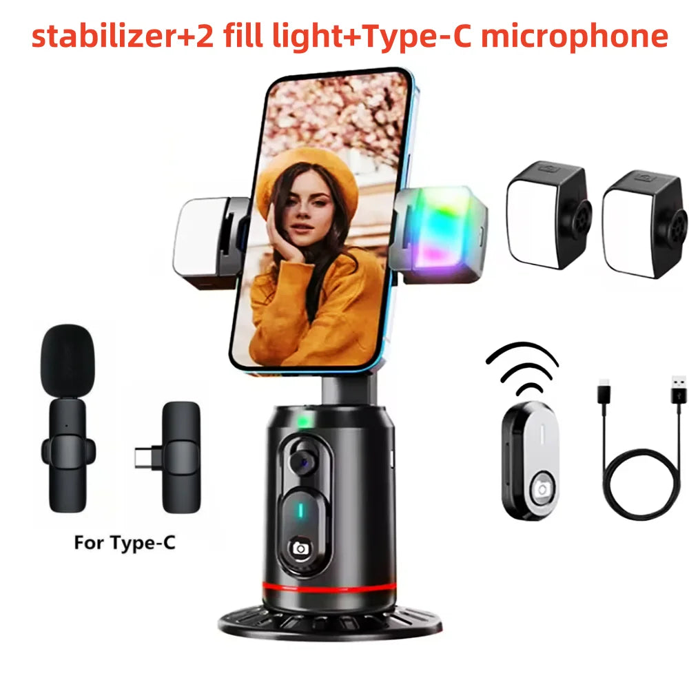 Phone stabilizer with fill light and Type-C microphone on a white background