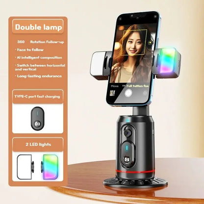 Smartphone holder with dual LED lights and smartphone displaying a face on a beige background