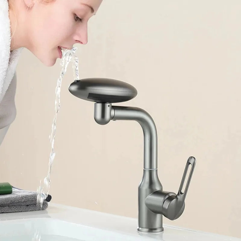 Person drinking water from a faucet with a beige background