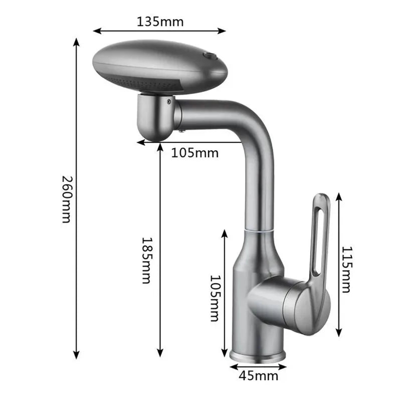Measurement chart of a kitchen faucet with dimensions labeled