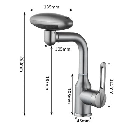 Measurement chart of a kitchen faucet with dimensions labeled