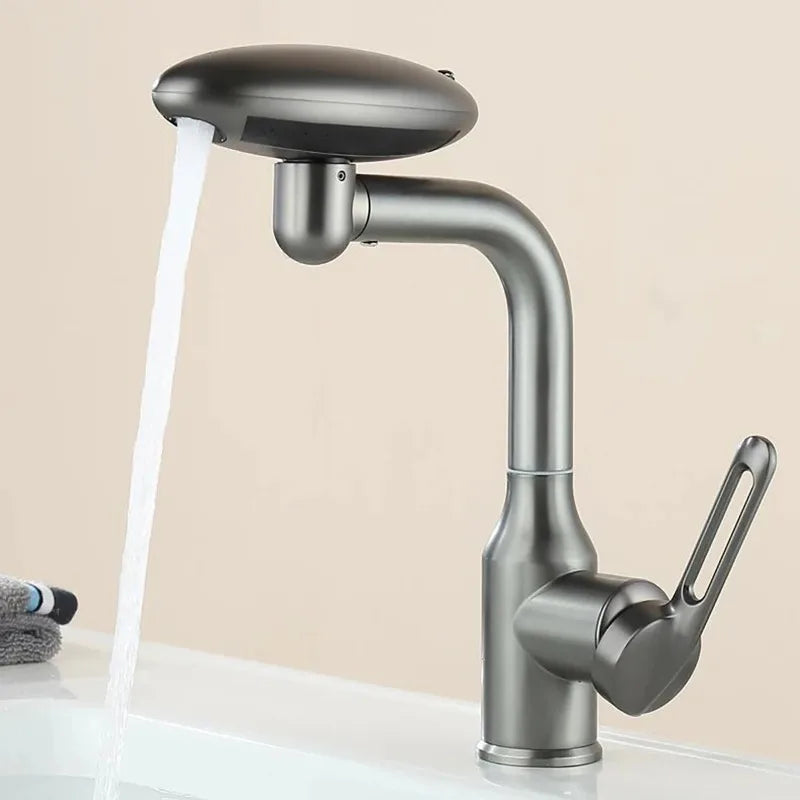 Modern kitchen faucet with water flowing on a beige background