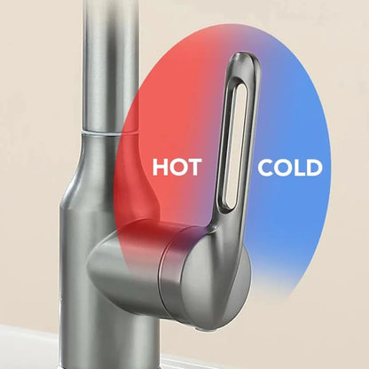 Shower handle with hot and cold indicator on a beige background