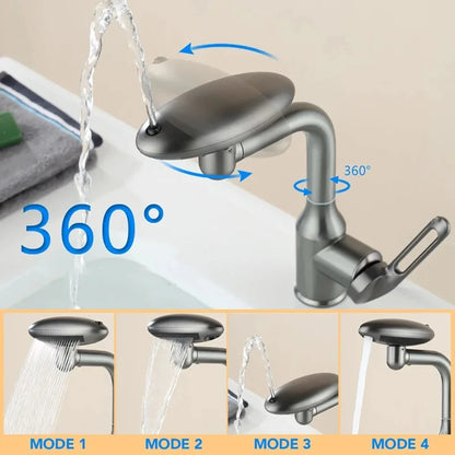 Bathroom faucet with multiple water flow modes and a 360-degree swivel head.