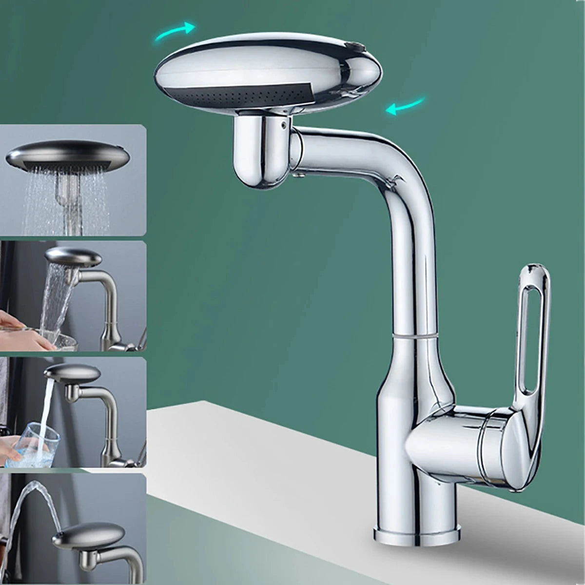 Chrome kitchen faucet with multiple angles on a green background