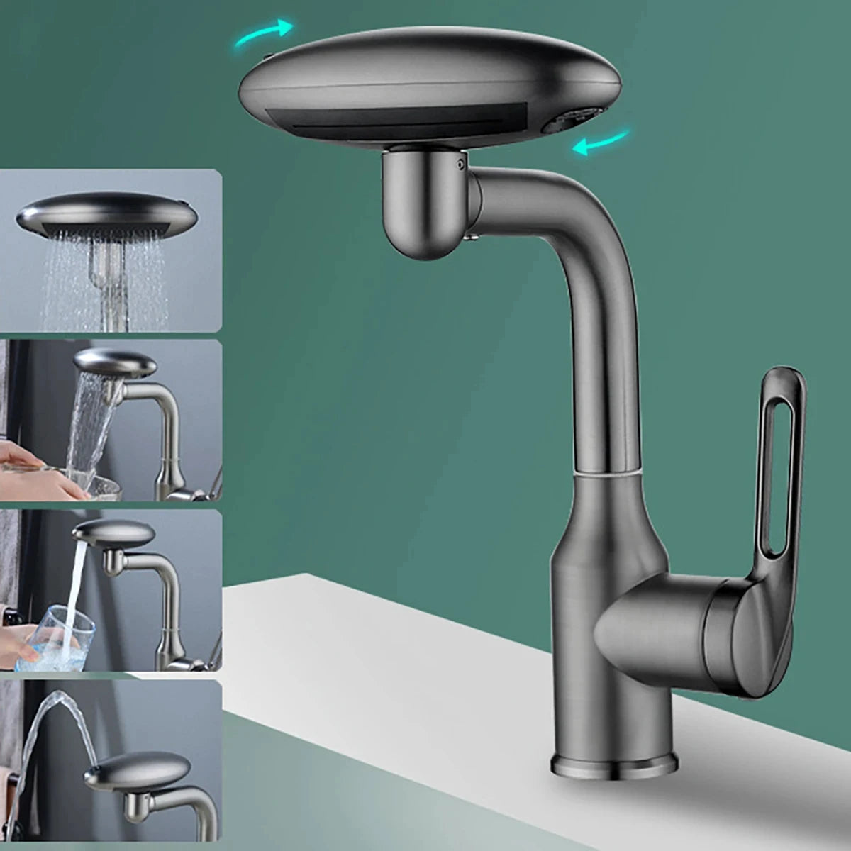 Modern kitchen faucet with various water flow options on a green background