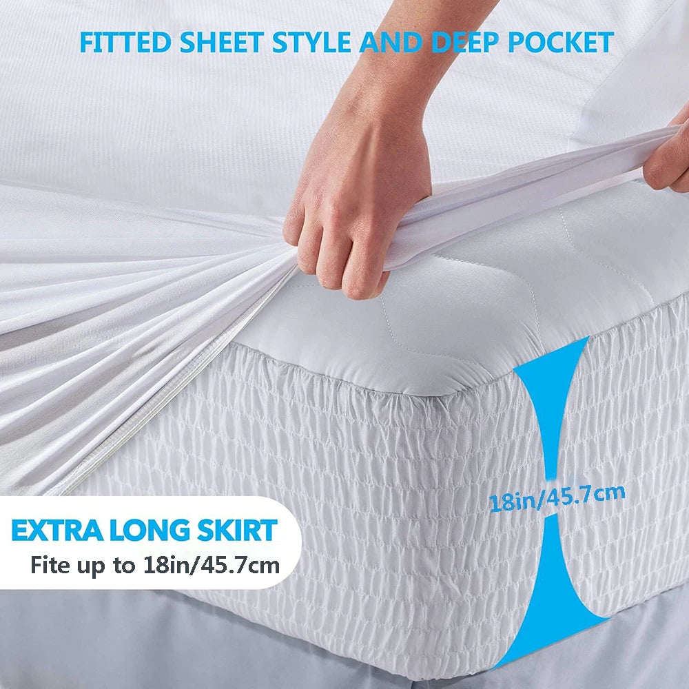 Mattress protector with fitted sheet style and deep pocket feature, showing a hand adjusting it.