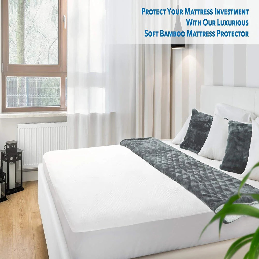 Bedroom with a bed covered by a bamboo mattress protector, text promoting the product.