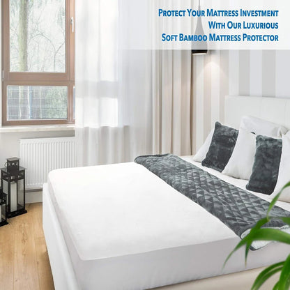 Bedroom with a bed covered by a bamboo mattress protector, text promoting the product.