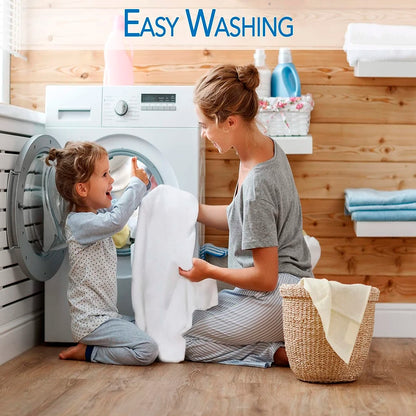 Woman and child interacting with a washing machine in a laundry room.