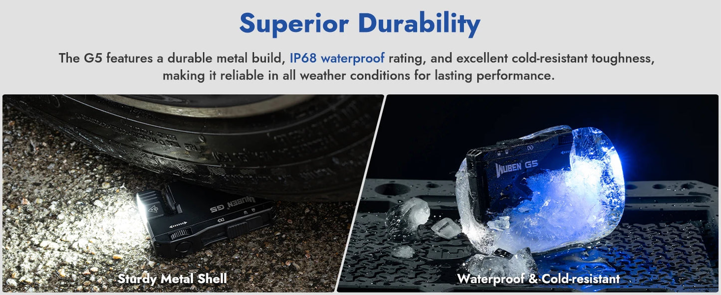 Product advertisement highlighting durability with text and images of a metal shell and waterproof feature.