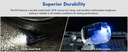 Product advertisement highlighting durability with text and images of a metal shell and waterproof feature.
