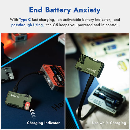 Product advertisement for a charging device with text about battery management.