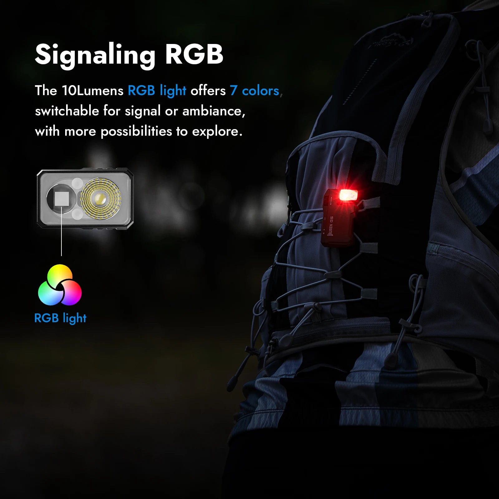 Backpack with an RGB light indicator glowing red in the dark, highlighting the 10Lumens RGB light feature.