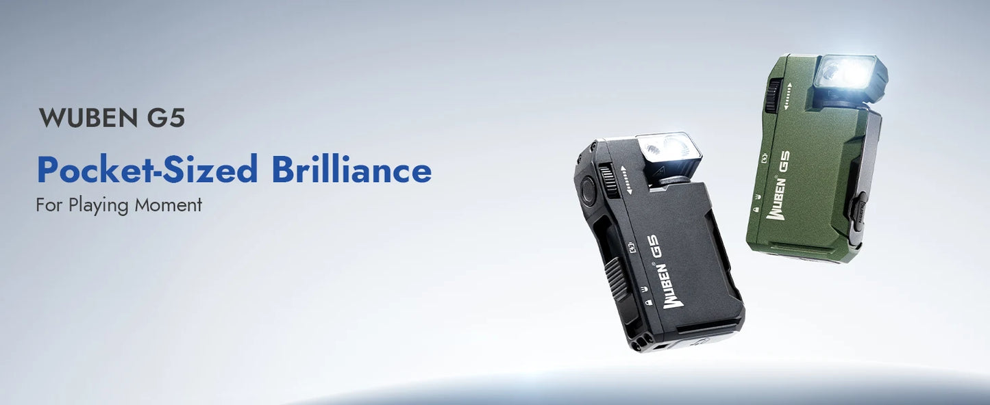 Two Wuben G5 flashlights on a light gray background with brand name and description text.