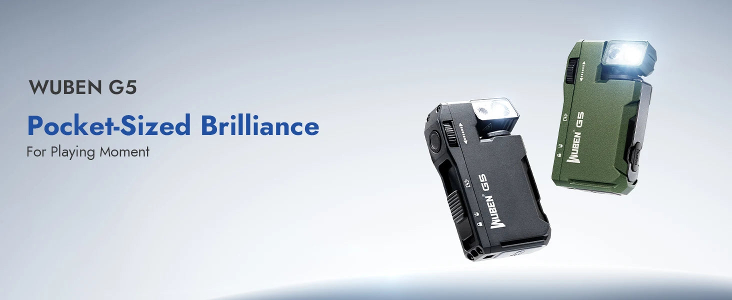 Two Wuben G5 flashlights on a light gray background with brand name and description text.