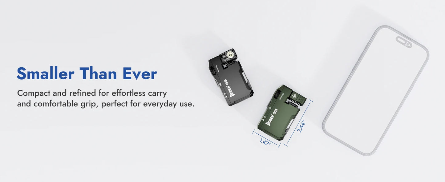 Small electronic device with screen on a white background, text 'Smaller Than Ever' and description.