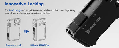 Innovative locking mechanism with quick-release switch and USB cover on a product packaging.
