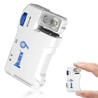 Wuben headlight with a smaller version held by a hand on a white background