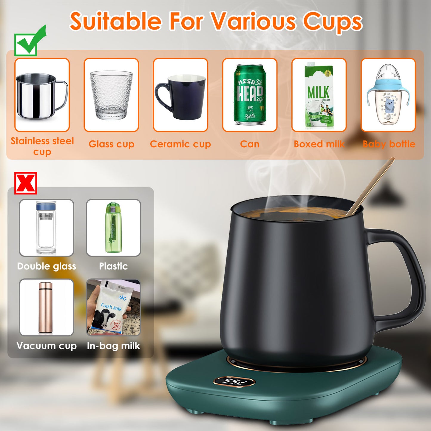 Waterproof Coffee Mug Warmer  with 3 Temperature Setting(45℃/113℉, 55℃/131℉, 65℃/149℉)
